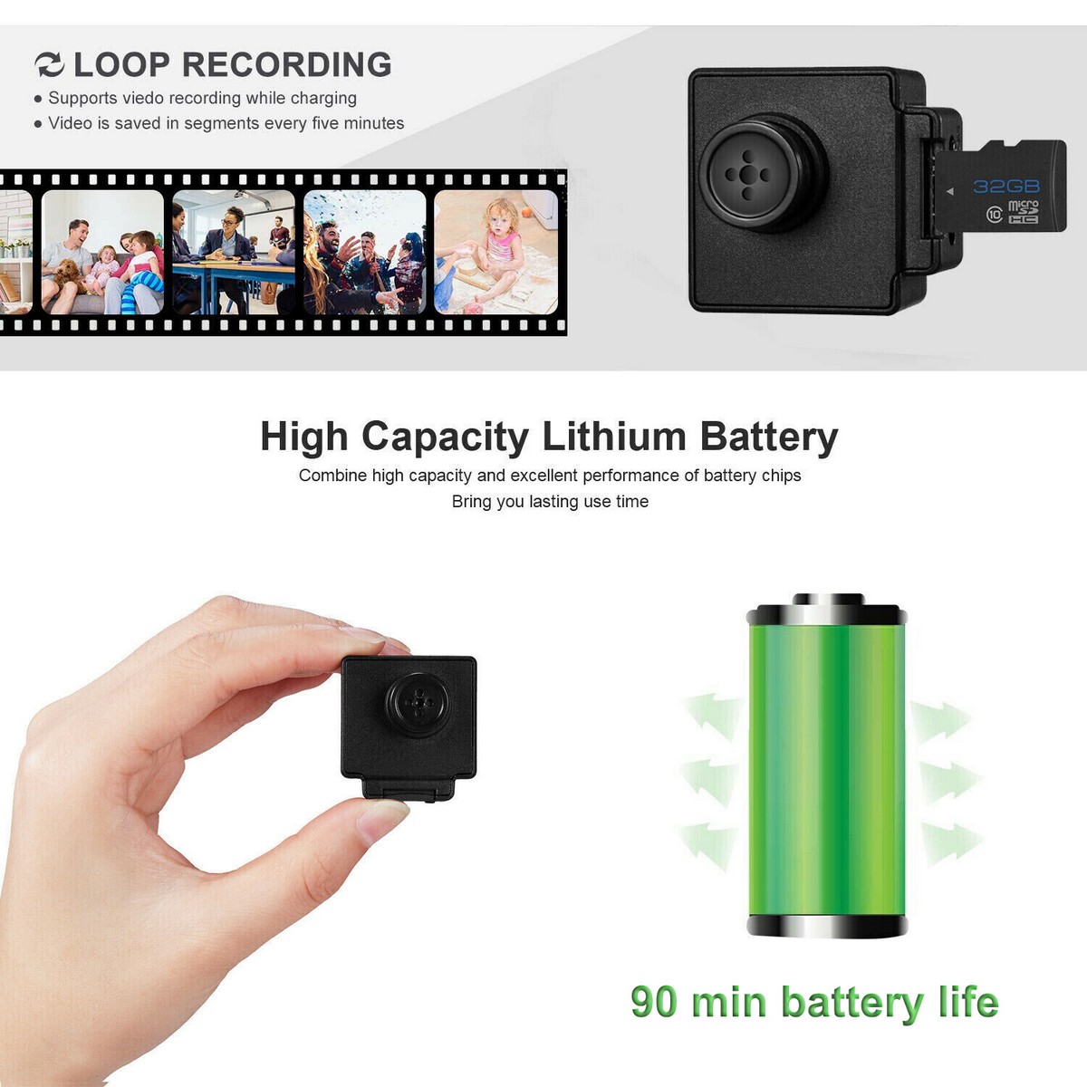 mini-knop camera spion verborgen full hd met audio-opname