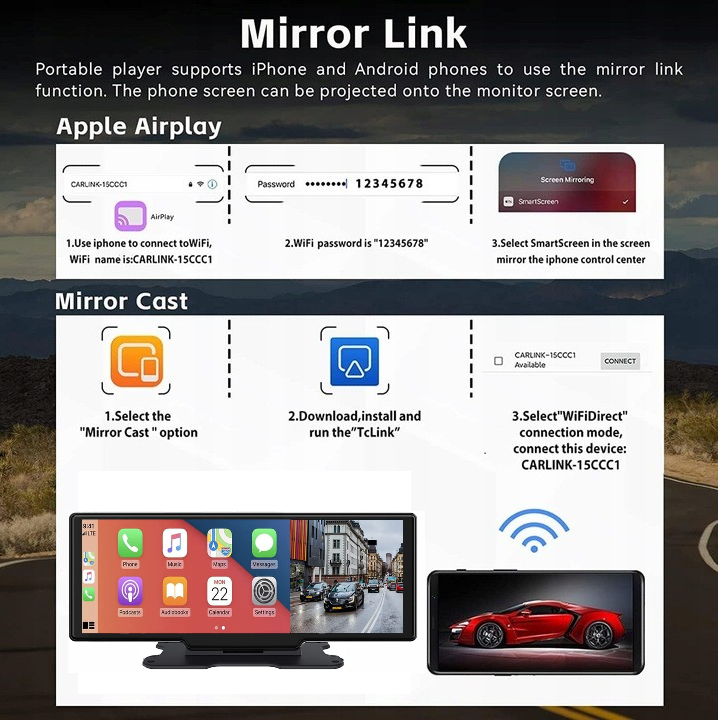 Monitor met Mirrorcast-ondersteuning voor auto, caravan, vrachtwagen